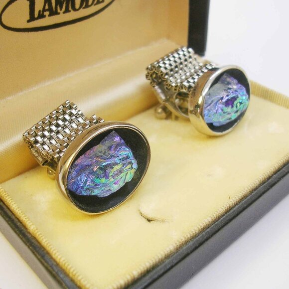 Vintage Cufflinks Mesh Wrap Around LAMODE Aurora Borealis Crystal Glass - Picture 2 of 3